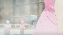 4girls animated animated_gif black_hair blonde_hair bouncing_breasts breasts brown_hair hiyorimi_sawawa huge_breasts kaibutsu_oujo kamura_reiri lowres multiple_girls naked_towel onsen red_eyes red_hair riza_wildman screencap sylvia_(kaibutsu_oujo) towel