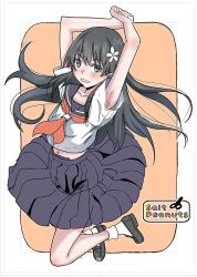 1girl arms_up black_hair blue_sailor_collar blue_skirt flower full_body green_eyes hair_flower hair_ornament jumping long_hair long_skirt neckerchief niea pleated_skirt red_neckerchief sailor_collar sakugawa_school_uniform saten_ruiko school_uniform serafuku shirt short_sleeves skirt solo summer_uniform toaru_kagaku_no_railgun toaru_majutsu_no_index white_shirt