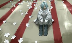 1other androgynous blue_eyes blue_hair boots cape closed_mouth colored_eyelashes drawstring gloves hair_over_one_eye hands_on_own_knees highres hood hooded_cape looking_at_viewer original pants pants_tucked_in paper_doll sitting solo white_cape white_gloves yoshiryuu