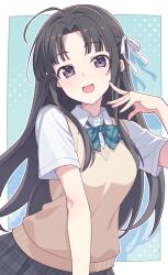 1girl ahoge awa_subaru black_hair blue_bow blue_bowtie border bow bowtie brown_sweater_vest collared_shirt commentary diagonal-striped_bow diagonal-striped_bowtie diagonal-striped_clothes dress_shirt e20 girls_band_cry grey_skirt hair_ribbon highres long_hair looking_at_viewer open_mouth outside_border parted_bangs plaid_clothes plaid_skirt pleated_skirt ribbon school_uniform shirt sidelocks skirt solo striped_clothes sweater_vest white_border white_ribbon white_shirt