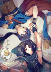 2boys armlet black_hair blue_eyes blue_hair bodystocking bridal_gauntlets commentary_request facial_mark fire_emblem fire_emblem:_path_of_radiance fire_emblem:_radiant_dawn fire_emblem_heroes forehead_mark glint highres holding_hands ike_(fire_emblem) ike_(jehanna)_(fire_emblem) jewelry lying male_focus mochi88543 multiple_boys nintendo official_alternate_costume official_art on_back red_eyes short_hair soren_(fire_emblem) soren_(khadein)_(fire_emblem) two-sided_fabric