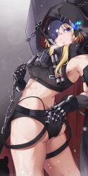 1girl arm_warmers ass bare_shoulders belt black_belt black_cloak black_gloves black_shirt black_shorts blonde_hair blue_eyes breasts broken_mask chain cloak coffin commentary cowboy_shot crop_top cropped_shirt gloves glowing glowing_eye goddess_of_victory:_nikke grave_(nikke) hair_between_eyes highres holding holding_chain hood hood_up hooded_cloak long_hair looking_at_viewer mask medium_breasts metal_gloves micro_shorts midriff multiple_scars parted_lips rain scar scar_on_stomach shirt shorts sidelocks single_arm_warmer skindentation sleeveless sleeveless_shirt solo standing thigh_strap torn_cloak torn_clothes twisted_torso uko_tiao wet