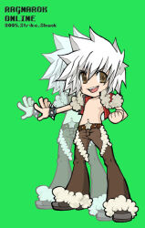 Rule 34 | 1boy, 2000s (style), 2005, bad source, belt, belt buckle, black shoes, brown belt, brown eyes, brown pants, buckle, chibi, chibi only, commentary request, full body, fur-trimmed pants, fur-trimmed shirt, fur trim, green background, john (strike-shank), looking at viewer, male focus, open clothes, open mouth, open shirt, pants, ragnarok online, red shirt, rogue (ragnarok online), shirt, shoes, short hair, simple background, smile, solo, spiked hair, star (symbol), white hair, x navel