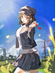 1girl black_hair bloom blue_hat blue_jacket blue_skirt blue_sky blush female_focus genderswap genderswap_(mtf) grass hat highres jacket looking_at_viewer maruko_gaku open_mouth outdoors pleated_skirt red_eyes shirt skirt sky solo solo_focus standing sunlight the_hundred_line_-last_defense_academy- tongue white_shirt