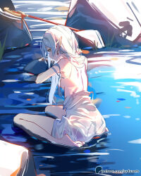 1girl artist_name back back_focus backboob bare_back bare_shoulders barefoot breasts closed_mouth clothes_around_waist commentary dress earrings elf english_commentary feet floating_earrings frieren from_behind full_body green_eyes grey_hair hair_behind_ear hair_down hair_over_shoulder in_water jewelry legs long_hair looking_at_viewer looking_back mage_staff median_furrow patreon_logo patreon_username pointy_ears rock shoulder_blades sitting small_breasts solo sousou_no_frieren staff sydus wariza wet wet_clothes wet_dress white_dress
