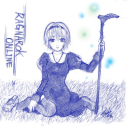 1girl commentary_request copyright_name cross cross_necklace expressionless full_body grass greyscale hairband holding holding_staff jewelry juliet_sleeves long_sleeves looking_at_viewer mary_janes monochrome necklace parted_lips priest_(ragnarok_online) puffy_sleeves ragnarok_online sasamuke_pika shoes short_hair sitting solo staff thighhighs wariza