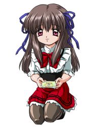 00s air_(visual_novel) bandabekken black_hair bronze_parrot hair_ribbon long_hair pantyhose ribbon solo toono_minagi waitress