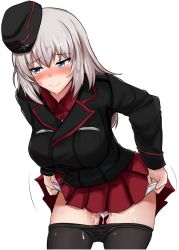 Rule 34 | 10s, 1girl, adjusting clothes, adjusting panties, black jacket, black pantyhose, blue eyes, blush, breasts, closed mouth, clothes pull, cowboy shot, cum, cum in clothes, cum in panties, cum on body, cum on clothes, cum on lower body, embarrassed, female focus, garrison cap, girls und panzer, hair between eyes, hat, itsumi erika, jacket, kuromorimine military uniform, large breasts, leaning forward, long hair, long sleeves, looking away, miniskirt, nose blush, panties, pantyhose, pantyhose pull, poshi (ginmokusei), red shirt, red skirt, shirt, silver hair, skirt, smile, solo, sweat, underwear, white panties