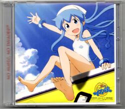 Rule 34 | album cover, artist request, bare legs, barefoot, blue eyes, blue hair, blush, bracelet, cd case, cover, feet, happy, hat, ikamusume, jewelry, official art, one-piece swimsuit, real life, shinryaku! ikamusume, sitting, smile, soles, source request, squid girl, swimsuit, tentacle hair, tentacles, toes, waving