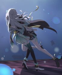 2girls absurdres aqua_hair black_boots black_gloves black_jacket boots commentary_request firefly_(honkai:_star_rail) fold-over_boots gloves gradient_hair grey_hair hair_ornament high_heels highres honkai:_star_rail honkai_(series) hug jacket long_hair multicolored_hair multiple_girls open_clothes open_jacket simon_tearla skirt stelle_(honkai:_star_rail) thighhighs trailblazer_(honkai:_star_rail) white_boots yuri