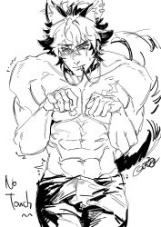1boy animal_ears bittersweet334 black_choker blush bulge choker dog_boy ear_piercing highres jewelry komano_manato monochrome multicolored_hair multiple_scars muscular muscular_male necklace piercing scar scar_on_face short_hair solo tail topless_male zenless_zone_zero