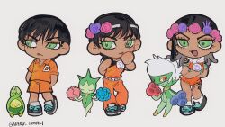 1girl 2boys black_hair black_shoes blue_flower blue_rose brooch budew chibi collared_shirt crossed_arms crossover dark-skinned_female dark-skinned_male dark_skin dragona_joestar dreadlocks flower gen_3_pokemon gen_4_pokemon green_eyes head_wreath highres jewelry jojo_no_kimyou_na_bouken male_focus multiple_boys naru_tomaki nintendo open_mouth orange_shirt orange_shorts pokemon pokemon_(creature) purple_flower rose roselia_(pokemon) roserade shirt shoes short_hair shorts shoulder_tattoo smile tattoo the_jojolands white_hair