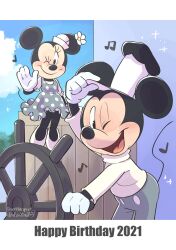 1boy 1girl 2021 animal_ears cloud disney dress hat high_heels highres mickey_mouse mickey_mouse_&amp;_friends minnie_mouse mouse_ears mouse_girl mouse_tail musical_note one_eye_closed polka_dot polka_dot_dress steamboat_willie tail takatmaorange