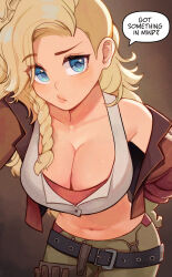 1girl artist_name asymmetrical_hair belt blonde_hair blue_eyes braid breasts cleavage collarbone commentary cowboy_shot cropped_jacket english_commentary english_text eyes_visible_through_hair gemma_(monster_hunter_wilds) hand_on_own_hip highres jacket large_breasts leaning_forward long_hair looking_at_viewer midriff monster_hunter_(series) monster_hunter_wilds navel off_shoulder open_clothes open_jacket solo speech_bubble sunset_nivaris