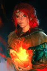 Rule 34 | 1girl, absurdres, fire, green eyes, highres, katlovesstar, pyrokinesis, red hair, solo, the witcher (series), the witcher 3, triss merigold, upper body