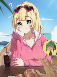? absurdres aged_up beach big_malasada blood breasts cleavage cloud commission dark_skin dating earrings eyewear_on_head faceless faceless_male hand_on_own_cheek hand_on_own_face hau_(pokemon) highres hood hoodie hoop_earrings ice jewelry lillie_(pokemon) nintendo nosebleed nouka palm_tree pink_hoodie pixiv_commission pokemon pokemon_sm sky soda spoken_character sunglasses table tree