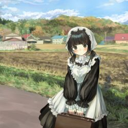 1girl apron black_dress black_eyes black_hair blunt_bangs briefcase building chin_strap closed_mouth commentary_request dot_mouth dress expressionless frilled_apron frilled_sleeves frills grass hat highres holding holding_briefcase long_sleeves looking_at_viewer low_twintails maid medium_hair original outdoors sasami_(shiroi_fuwafuwa) solo twintails white_apron white_hat