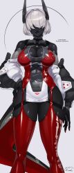 1girl absurdres breasts cleavage cleavage_cutout clothing_cutout covered_navel dark_skin dress echanis_enicha fangs highres jacket original pelvic_curtain red_dress see-through_clothes short_dress short_hair thighhighs white_background white_hair