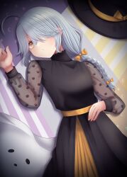 Rule 34 | 1girl, black dress, black hat, blue hair, bow, braid, dress, hair between eyes, hair bow, hair over one eye, hamanami (halloween) (kancolle), hamanami (halloween mode) (kancolle), hamanami (kancolle), hat, highres, kantai collection, long hair, long sleeves, looking at viewer, lying, nagi kantai114, official alternate costume, on back, orange bow, parted lips, see-through clothes, see-through sleeves, solo, star (symbol), sweat, unworn hat, unworn headwear, yellow eyes
