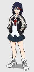 1girl absurdres black_hair black_skirt blue_eyes closed_mouth collared_shirt full_body grey_background hands_in_pockets hatimoto highres jacket kill_la_kill long_sleeves matoi_ryuuko multicolored_hair pleated_skirt shirt shoes simple_background skirt solo standing streaked_hair white_shirt white_shoes