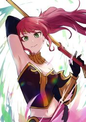 Rule 34 | 1girl, absurdres, alternate color, alternate costume, arm up, armlet, armor, armpits, bad link, bare shoulders, black gloves, breasts, circlet, cleavage, colored eyelashes, diadem, elbow gloves, eyelashes, fighting, forehead protector, gem, gloves, gorget, green eyes, highres, holding, holding weapon, javelin (spear), jewelry, keijirou (mukunozaltusou), long hair, looking at viewer, makeup, mascara, milo and akouo, navel, ponytail, pyrrha nikos, red hair, red sash, rwby, sash, shield, sidelocks, solo, thick eyelashes, upper body, v-shaped eyebrows, vambraces, weapon, white background