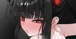 1girl black_background black_hair blue_archive bright_pupils cropped heavy_breathing in_heat paid_reward_available ringed_eyes rio_(blue_archive) solo sweat upper_body white_pupils yuki_(asayuki101)
