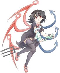 1girl :o asymmetrical_hair asymmetrical_wings black_dress black_hair bow dress female_focus footwear_bow highres houjuu_nue looking_at_viewer mary_janes pointy_ears polearm red_eyes red_shoes shoes snake solo tarumaru thighhighs touhou trident weapon wings zettai_ryouiki