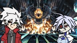 Rule 34 | 1boy, 1girl, 2024, :3, abstract background, ahoge, annoyed, arc system works, blazblue, blazblue: calamity trigger, blue bodysuit, bodysuit, breasts, commentary, english commentary, eyepatch, green eyes, hair between eyes, heterochromia, high collar, jacket, kapcio, looking at another, mecha musume, medium breasts, meme, messy hair, nemlei (style), nu-13, outdoors, parody, ragna the bloodedge, red eyes, red jacket, smirk, spiked hair, style parody, the coffin of andy and leyley, white hair