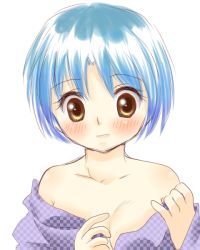 Rule 34 | 1girl, blue hair, blush, breasts, brown eyes, cleavage, hanamutsuki, ranma 1/2, short hair, tendou akane