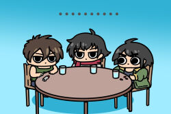 Rule 34 | 3boys, afei (sfma3248), angry, black hair, brown hair, chibi, crossover, gundam, gundam 00, gundam tekketsu no orphans, gundam wing, heero yuy, highres, jacker, male focus, mikazuki augus, multiple boys, scarf, setsuna f. seiei, shirt, short hair, table, water