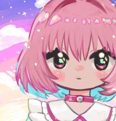 1girl aqua_dress aqua_hair blush choker closed_mouth cloud cloudy_sky colored_inner_hair dress expressionless fanged_bangs frills highres idolmaster idolmaster_cinderella_girls idolmaster_cinderella_girls_starlight_stage looking_at_viewer medium_hair multicolored_hair nose_blush pink_choker pink_eyes pink_hair pink_sky portrait purple_sky sky solo star_(sky) starry_sky sukoyaka_(100hituzi) two-tone_hair yumemi_riamu