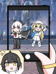 3girls adjusting_clothes adjusting_necktie armband black_armband black_eyes black_gloves black_horns black_jacket black_pants black_shoes black_tail blonde_hair cellphone closed_mouth commentary curled_horns demon_tail english_commentary female_rover_(wuthering_waves) game_screenshot_background gloves hat highres holding holding_phone horns jacket jacket_on_shoulders long_hair long_sleeves motion_blur multicolored_eyes multiple_girls necktie outdoors pants pantyhose phoebe_(wuthering_waves) phone pov pov_hands purple_eyes red_eyes rover_(wuthering_waves) screenshot_background shirt shoes skirt smartphone smile sparkle sparkling_aura tail tenrino two-tone_eyes white_hair white_hat white_pantyhose white_shirt white_skirt wuthering_waves zani_(wuthering_waves)