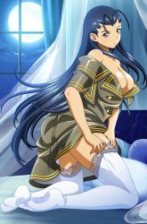 1girl bed blue_eyes blue_hair breasts cleavage ikkitousen kakouen_myousai kneeling large_breasts long_hair moon solo unbuttoned