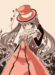 1boy arm_behind_back bad_id bad_pixiv_id black_gloves blue_eyes bow bowtie choker ciel_phantomhive ciel_phantomhive_(robin_dress) collarbone crossdressing dress elbow_gloves flower frilled_choker frills gloves grey_hair hair_over_one_eye hand_in_own_hair hat head_wreath kuroshitsuji limited_palette male_focus pink_dress pink_flower pink_hat sepia_background smile solo striped_bow trap twintails watermark white_choker yansiyansi