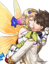 1boy 1girl blonde_hair blue_flag brown_hair butterfly_wings closed_eyes commentary commission couple english_commentary fairy fairy_wings fire_emblem fire_emblem_heroes gloves gradient_clothes gradient_hair grimaisbestwaifu hetero hooded_robe insect_wings kiran_(fire_emblem) male_kiran_(fire_emblem) ko-fi_commission leather leather_gloves multicolored_hair nintendo official_alternate_costume peony_(cherished_dream)_(fire_emblem) peony_(fire_emblem) plant_hair robe wings