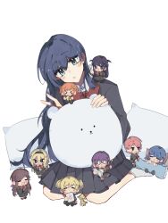 ! &gt;_&lt; 6+girls :d :o =_= aijou_karen animal-shaped_pillow arm_at_side arm_rest arm_support bell black_hairband blonde_hair blue_eyes blue_hair blush blush_stickers book bow bowtie broom brown_eyes brown_hair c: center-flap_bangs character_doll chibi closed_eyes closed_mouth collared_shirt commentary_request crossed_arms crossed_bangs crown_hair_ornament curtained_hair daiba_nana facing_viewer flipped_hair full_body giraffe giraffe_(revue_starlight) grabbing_covers green_ribbon grey_jacket grey_skirt grey_socks hair_bell hair_between_eyes hair_ornament hair_ribbon hairband hanayagi_kaoruko hand_rest head_tilt highres holding holding_book holding_broom holding_hair_ornament hoshimi_junna isurugi_futaba jacket jitome kagura_hikari long_hair long_sidelocks long_sleeves looking_at_another looking_at_viewer low_side_ponytail medium_hair mini_person minigirl multiple_girls no_shoes o_o open_mouth pillow pink_hair pleated_skirt pointing pointing_at_another purple_eyes purple_hair red_bow red_bowtie ribbon ribbon_hair rulaoyu saijou_claudine school_uniform script seishou_music_academy_uniform shirt short_hair short_twintails shoujo_kageki_revue_starlight sidelocks sideways_glance simple_background sitting sitting_on_person skirt sleeping smile socks sparkle_hair_ornament standing standing_on_one_leg straight_hair stuffed_animal stuffed_toy surrounded swept_bangs tendou_maya trembling tsuyuzaki_mahiru twintails two_side_up under_covers unworn_hair_ornament v v-shaped_eyebrows very_long_hair wavy_hair wavy_sidelocks white_background white_shirt white_socks