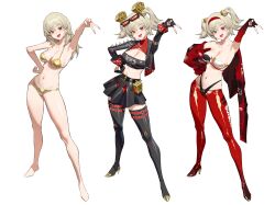 1girl absurdres barefoot bikini black_bikini black_boots black_jacket black_skirt black_tube_top blonde_hair boots breasts burnice_white cleavage commentary english_commentary feet full_body gold_bikini hair_down highres inward_v jacket large_breasts latex_pants long_hair multicolored_bikini multiple_views navel open_mouth pants red_eyes red_jacket red_pants short_hair simple_background skirt stomach strapless swimsuit thigh_boots tube_top twintails two-tone_bikini v white_background wonbin_lee zenless_zone_zero