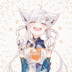 1girl absurdres ahoge animal_ear_fluff animal_ears blue_sleeves blush braid braided_hair_rings detached_sleeves emphasis_lines extra_ears fox_ears fox_girl framed_breasts gold_osmanthus hair_ornament hair_rings hairpin highres hololive hyde_(tabakko) long_hair looking_at_viewer maid mandarin_collar multicolored_shirt official_alternate_costume open_mouth pankou qi_maid shanghai_neckline shirakami_fubuki shirakami_fubuki_(8th_costume) sidelocks simple_background smile solo twintails two_side_up upper_body virtual_youtuber white_background white_hair