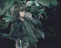 1boy bag black_hair black_hoodie black_pants blue_eyes commentary fate/grand_order fate_(series) grey_shirt hand_in_pocket holding_juice_box hood hood_down hoodie juice_box long_sleeves looking_at_viewer male_focus medium_hair night oberon_(fate) oberon_(moody_summer_oberon)_(fate) oberon_(third_ascension)_(fate) open_mouth orizu_lm pants plastic_bag shirt solo symbol-only_commentary tree upper_body