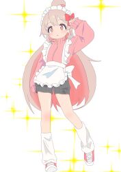 1girl absurdres ahoge alternate_costume apron black_shorts bow colored_inner_hair commentary frilled_apron frills full_body grey_hair hair_bow hand_up highres jacket jersey_maid long_hair long_sleeves looking_at_viewer loose_socks maid maid_apron maid_headdress multicolored_hair onii-chan_wa_oshimai! oyama_mahiro pink_hair pink_jacket red_bow short_shorts shorts simple_background sleeves_past_wrists socks solo sparkle_background standing standing_on_one_leg track_jacket turtleneck turtleneck_jacket two-tone_hair unconventional_maid very_long_hair waist_apron wall228090611 white_apron white_background
