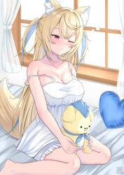 1girl alternate_costume animal_ear_fluff animal_ears bare_arms bare_legs bare_shoulders blonde_hair blue_hair blue_nails breasts cleavage closed_mouth collarbone curtains dog_ears dog_girl dog_tail fuwawa_abyssgard half-closed_eyes heart heart-shaped_pillow highres holding holding_stuffed_toy hololive hololive_english large_breasts long_hair multicolored_hair naryuu_(like-af) nightgown on_bed one_eye_closed pillow pink_eyes qr_code sitting sleepy solo stuffed_animal stuffed_toy tail very_long_hair wariza white_nightgown window