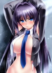 10s 1girl 3: 3:&lt; alternate_hairstyle arms_up black_hair black_shirt blue_eyes blue_necktie blush breasts closed_mouth collared_shirt crying crying_with_eyes_open female_focus frown hair_between_eyes hair_down hair_intakes head_tilt huge_breasts konohana_lucia lens_flare long_hair long_sleeves looking_at_viewer navel necktie purple_hair rewrite shirt solo tears torn_clothes torn_shirt v-shaped_eyebrows very_long_hair white_shirt wing_collar zen