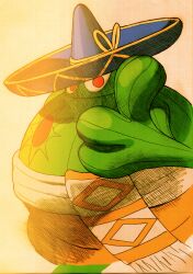 1boy amingo bengus cactus capcom colored_skin facing_to_the_side game_cg green_skin hat highres long_arms looking_at_viewer male_focus mariachi marvel marvel_vs._capcom marvel_vs._capcom_2 monster_boy non-web_source official_art plant_boy red_pupils scan sidelighting solo sombrero thumbs_up