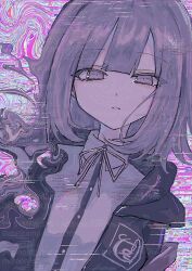 Rule 34 | collared shirt, commentary request, danganronpa (series), danganronpa 2: goodbye despair, donburi (minami don), english text, eyelashes, glitch, highres, jacket, medium hair, nanami chiaki, neck ribbon, open clothes, open jacket, psychedelic, purple eyes, purple hair, ribbon, shirt, twitter username, upper body, white shirt