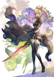 1girl 2022 absurdres animal_ears black_gloves blonde_hair closed_mouth elbow_gloves final_fantasy final_fantasy_xiv flower full_body garter_straps gloves highres holding holding_sword holding_weapon miqo&#039;te original shukei sidelocks skirt smile solo standing sword warrior_of_light_(ff14) weapon
