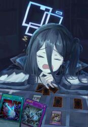 1girl aris_(blue_archive) black_hair black_jacket blue_archive card_game closed_eyes crying dark_ruler_no_more duel_(yu-gi-oh!) evenly_matched halo indoors jacket kita_(kita4444) looking_at_viewer smile solo table yu-gi-oh!