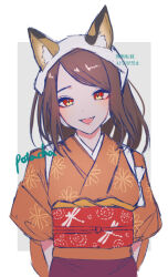 1girl :d animal_ear_fluff animal_ears artist_name brown_hair calico_(pattern) cat_ears commentary_request eyeliner floral_print headscarf japanese_clothes kimono lips long_hair looking_at_viewer makeup obi open_mouth orange_kimono potacha red_eyeliner red_eyes red_sash rune_factory rune_factory:_guardians_of_azuma sash smile solo swept_bangs upper_body white_background yachiyo_(rune_factory)