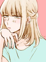Rule 34 | 1boy, annoyed, blonde hair, blue eyes, blunt bangs, blush, crossdressing, crossdressing (mtf), ear piercing, earrings, hand up, head rest, jewelry, male focus, medium hair, necklace, original, piercing, pink background, pout, seira (yuki touko), solo, trap, yuki touko