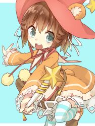 Rule 34 | bag, blue background, blue eyes, blue thighhighs, brown hair, capelet, dress, emil chronicle online, hair ribbon, hat, holding, holding staff, open mouth, orange dress, red hat, red ribbon, ribbon, shinomaru hajime, shoulder bag, staff, standing, standing on one leg, striped clothes, striped thighhighs, thighhighs, tiny alma, white capelet, white ribbon, witch hat