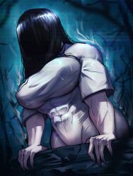 1girl abs absurdres artist_name black_hair breasts commentary dress english_commentary fingernails hair_over_eyes highres large_breasts long_hair mihael_milanovic muscular muscular_female pale_skin sharp_fingernails solo television the_ring tight_clothes tight_dress veins veiny_arms wet yamamura_sadako